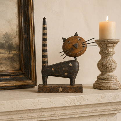 🐈Vintage Primitive Wooden Cat with Metal Accents