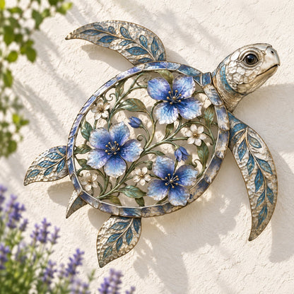🐢 Sea Turtle Wall Sculpture — Enameled Floral Coastal Art with Textured Metal Scales | Indoor & Outdoor Ocean Decor for Porch, Patio & Garden