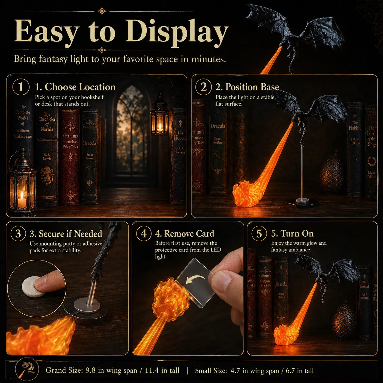 🐉 Dragon Bookshelf Nook Light — 3D Fire-Breathing Fantasy Shelf Decor 🔥