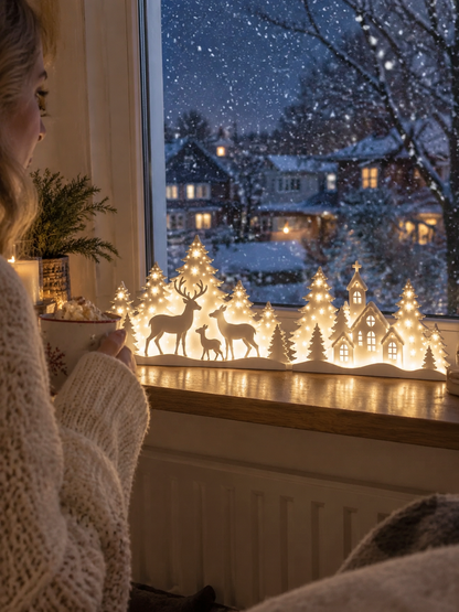 🦌 Illuminated Christmas decorations for the window – reindeer & village | 2-piece LED set ✨