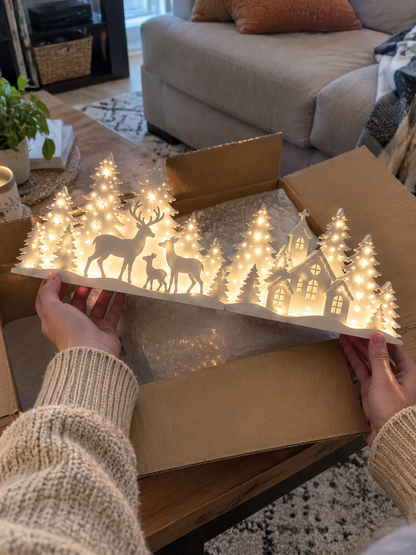 🦌 Illuminated Christmas decorations for the window – reindeer & village | 2-piece LED set ✨