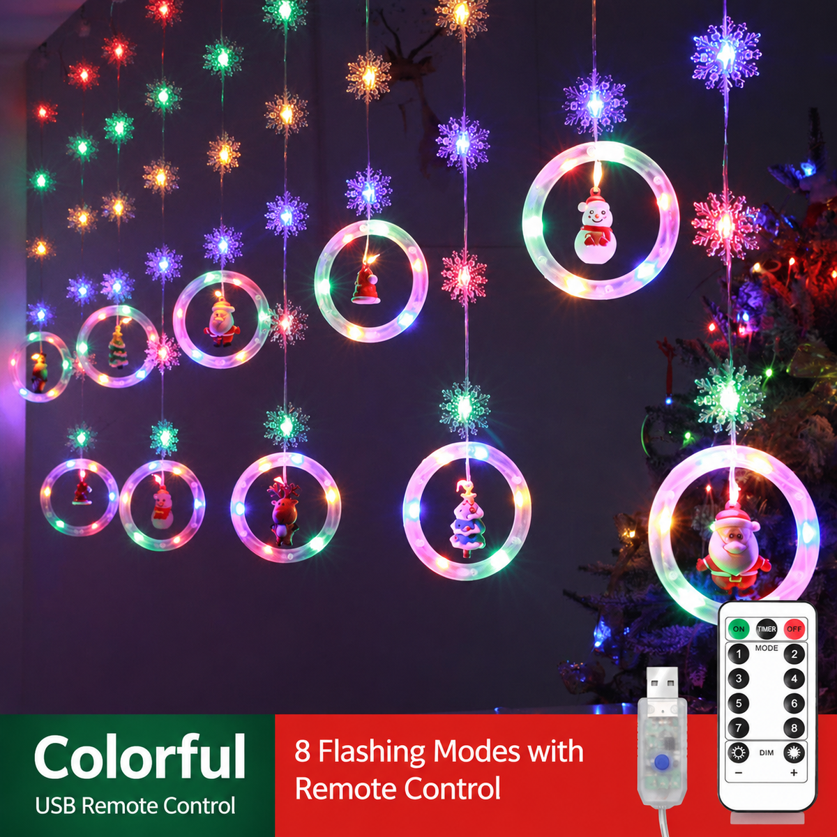 🎄Christmas Curtain Lights – Remote Control & 8 Lighting Modes for Cozy Holiday Windows ✨🎁