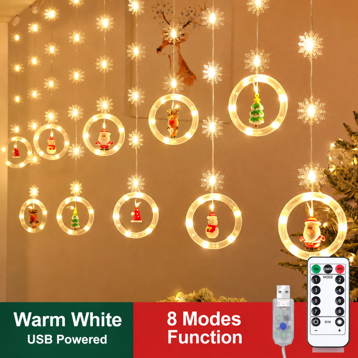 🎄Christmas Curtain Lights – Remote Control & 8 Lighting Modes for Cozy Holiday Windows ✨🎁