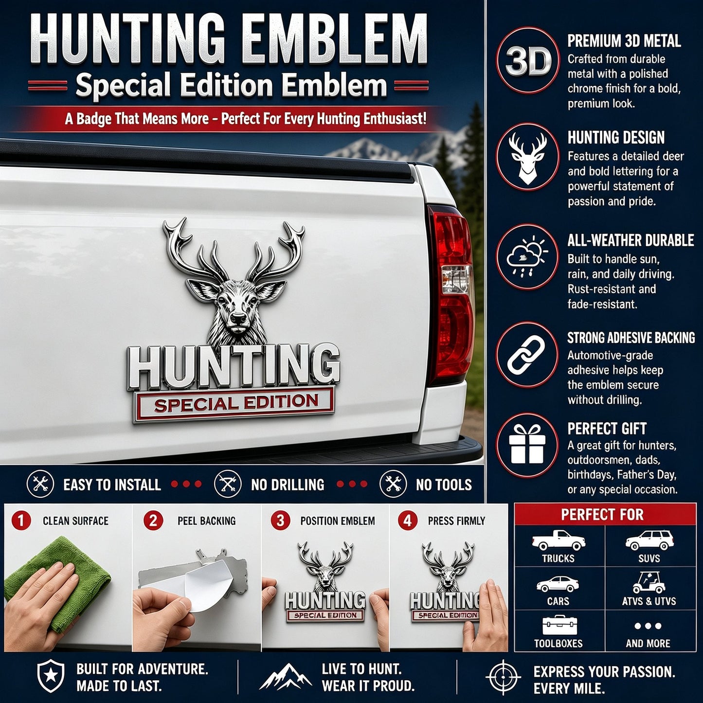 🦌 Premium 3D Deer Emblem Sticker – Upgrade Your Vehicle With Outdoor Style