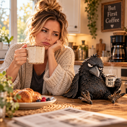 ☕Grumpy Coffee Raven Figurine – “Not Yet” Funny Morning Decor