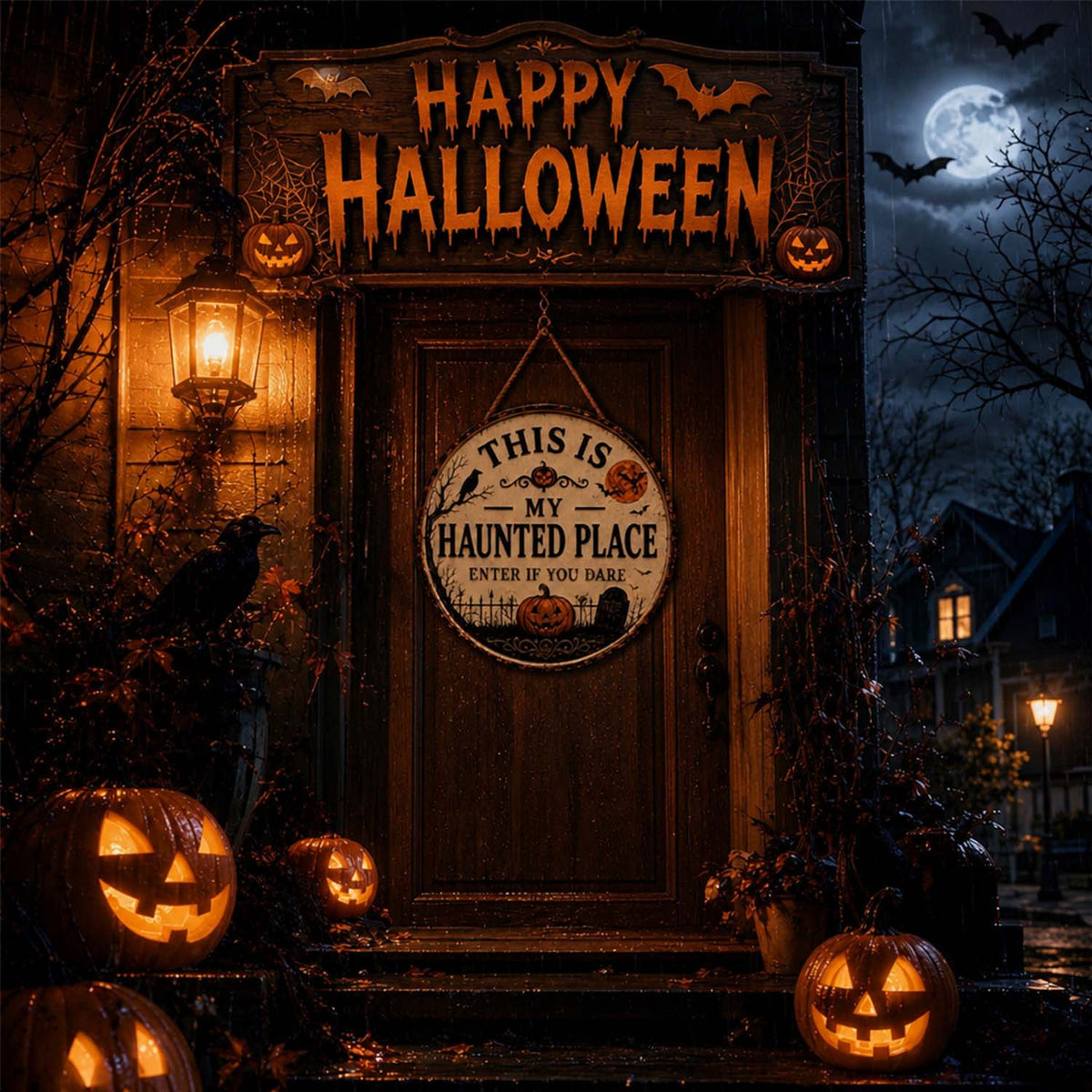 🏚️Happy Haunt Halloween Sign – 👻Cute Spooky Haunted House Wall Decor, Festive Halloween Home Decoration