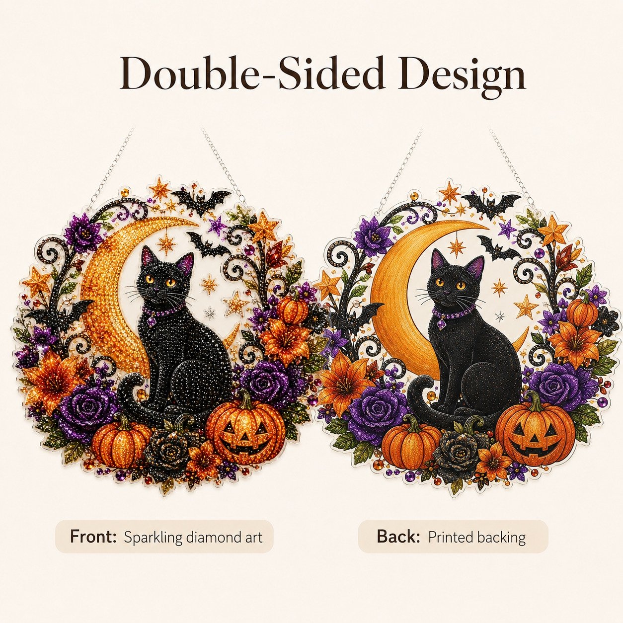 🎃Black Cat Moon Diamond Art Hanging Ornament Kit – Relaxing DIY Halloween Craft 💎