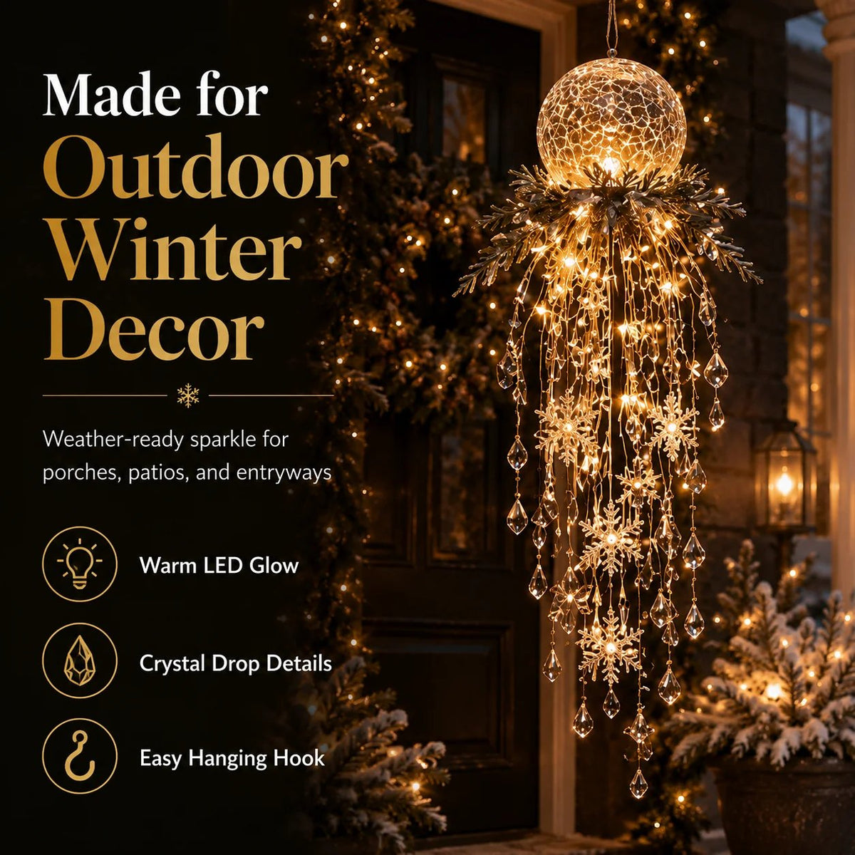 ❄️Crystal Cascade Christmas Lights – Hanging LED Veranda Decorations: Snowflakes & Crystals ✨