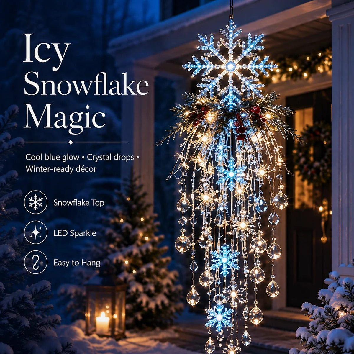 ❄️Crystal Cascade Christmas Lights – Hanging LED Veranda Decorations: Snowflakes & Crystals ✨