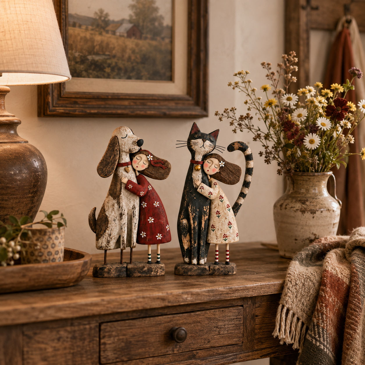 Girl & Her Best Friend Folk Art Figurine