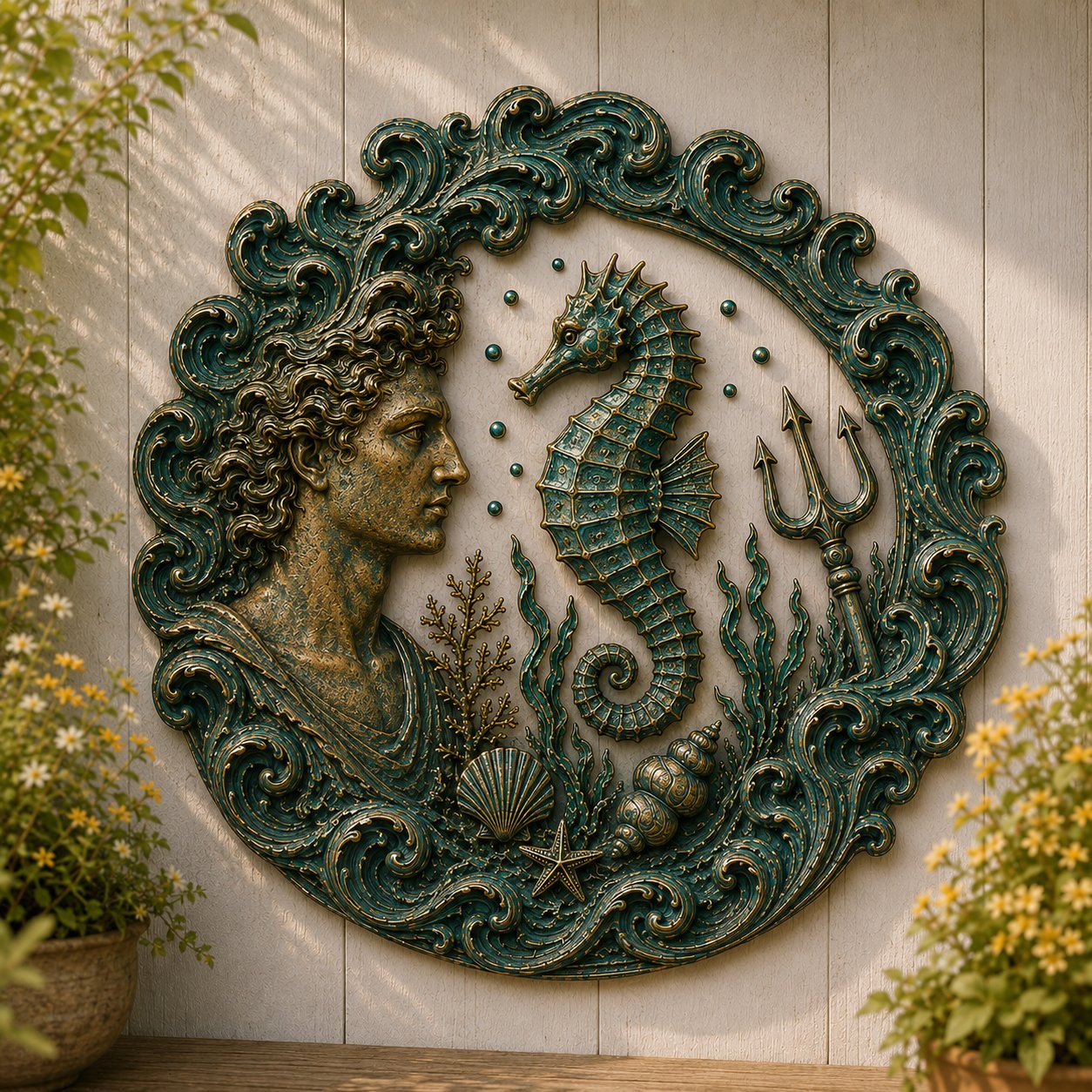 🔱‘Blessing of the Ancient Sea God’ Mural – 🌊Vintage Classical-Style Metal Wall Decoration