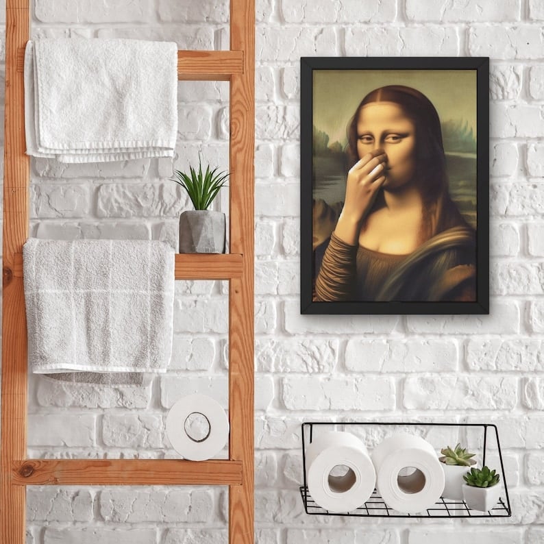 Imitation Mona Lisa konstdekoration, rolig vintage toalett humor rum deko