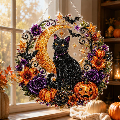 🎃Black Cat Moon Diamond Art Hanging Ornament Kit – Relaxing DIY Halloween Craft 💎