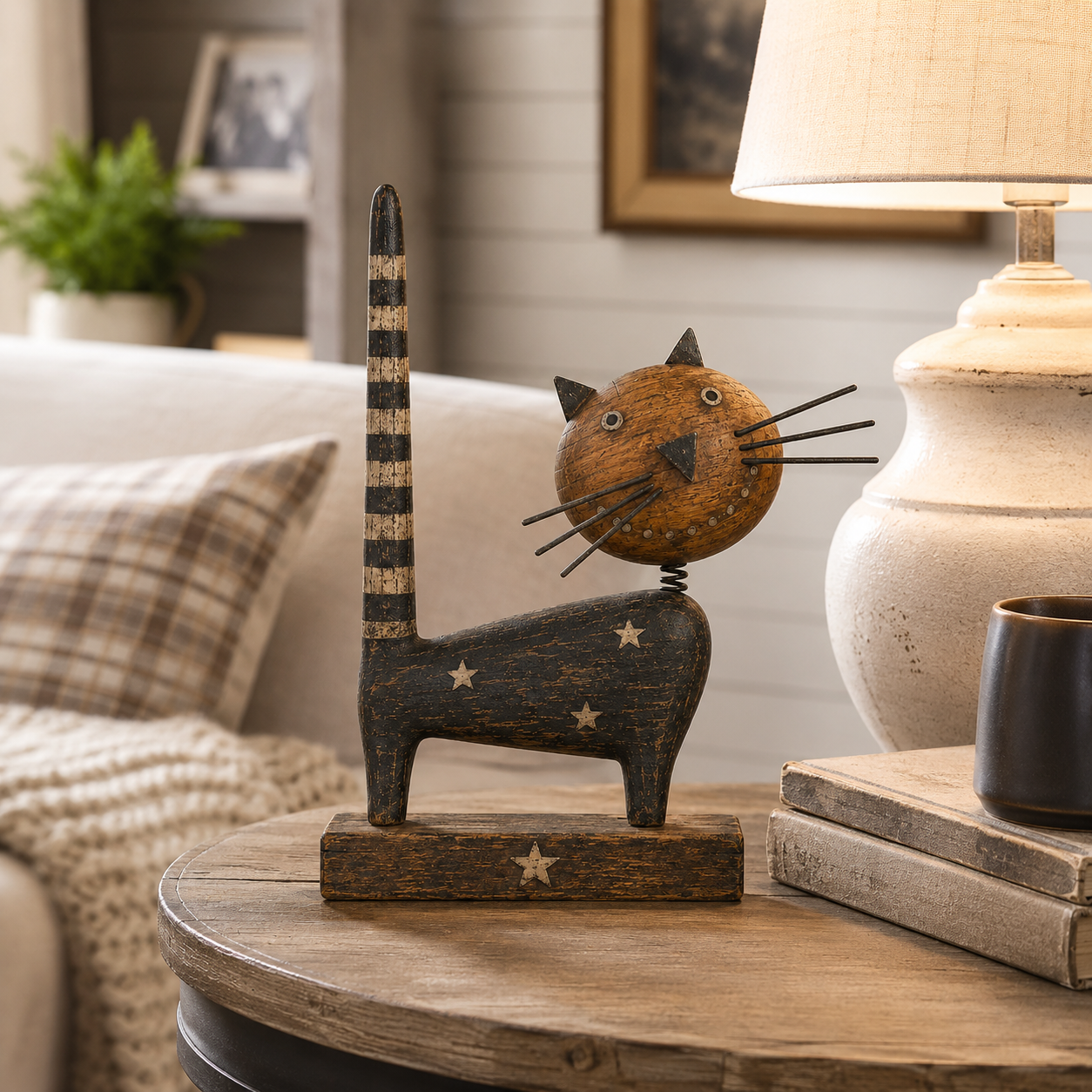 🐈Vintage Primitive Wooden Cat with Metal Accents