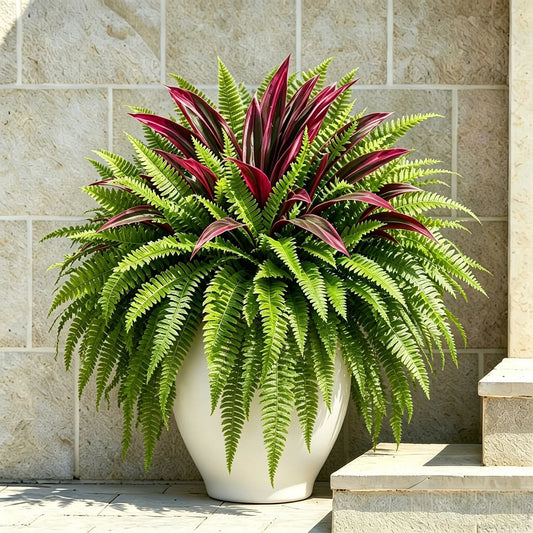 🌿 UV-resistant artificial ferns & red dragon trees – Full, lush, and colorfast!
