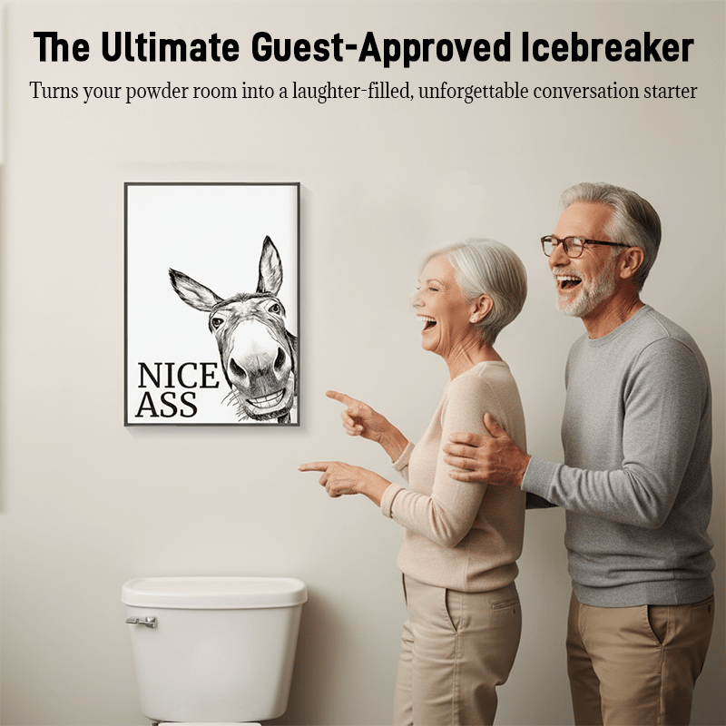 The cheeky "Nice Ass" donkey bathroom canvas art Hidden humour for pure jo