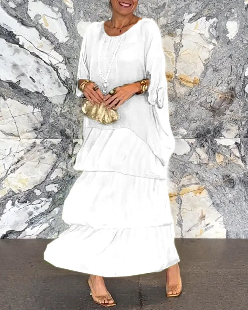 Konstnärlig lös klänning/chiffonnät dolmanärmad långklänning med rund hals