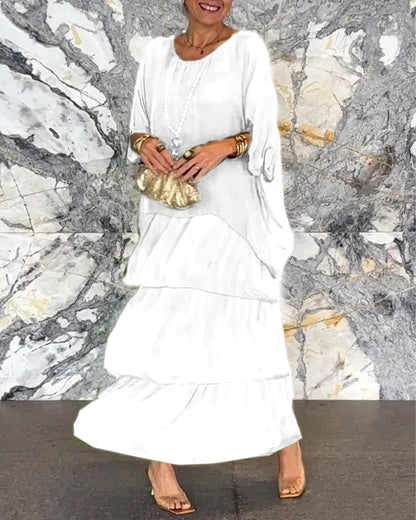 Konstnärlig lös klänning/chiffonnät dolmanärmad långklänning med rund hals