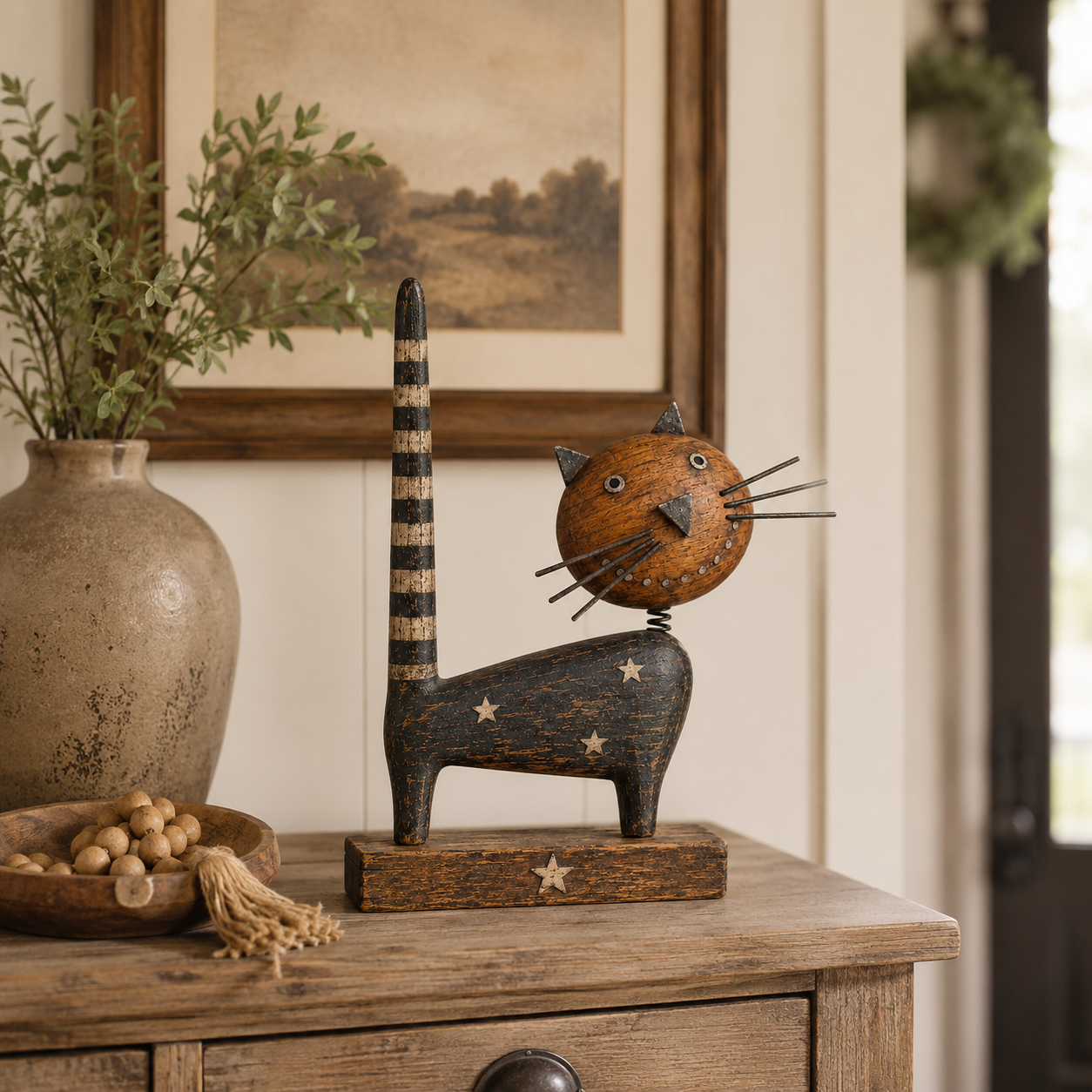 🐈Vintage Primitive Wooden Cat with Metal Accents