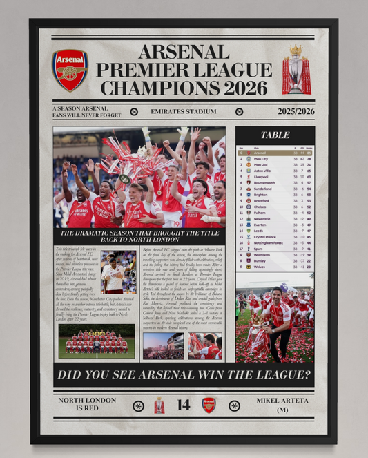 Arsenal Premier League Champions 2026 - Newspaper Style Poster