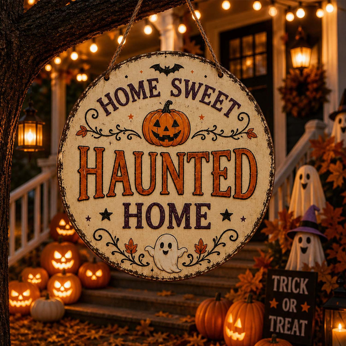 🏚️Happy Haunt Halloween Sign – 👻Cute Spooky Haunted House Wall Decor, Festive Halloween Home Decoration