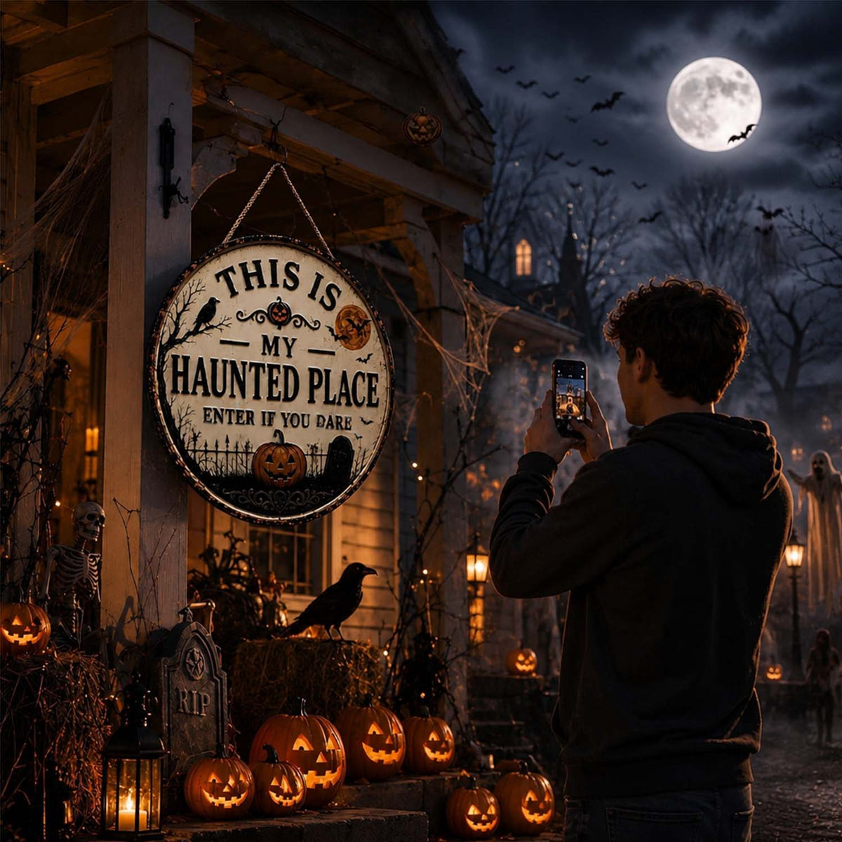 🏚️Happy Haunt Halloween Sign – 👻Cute Spooky Haunted House Wall Decor, Festive Halloween Home Decoration