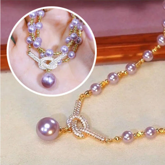 👸Högkvalitativt lila pärlhalsband med diamanter✨
