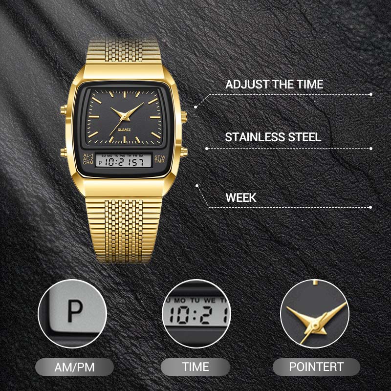 ⌚ Retro Style Square Face Multifunction Watch – Dual Display, Zinc Alloy, Stainless Steel ✨