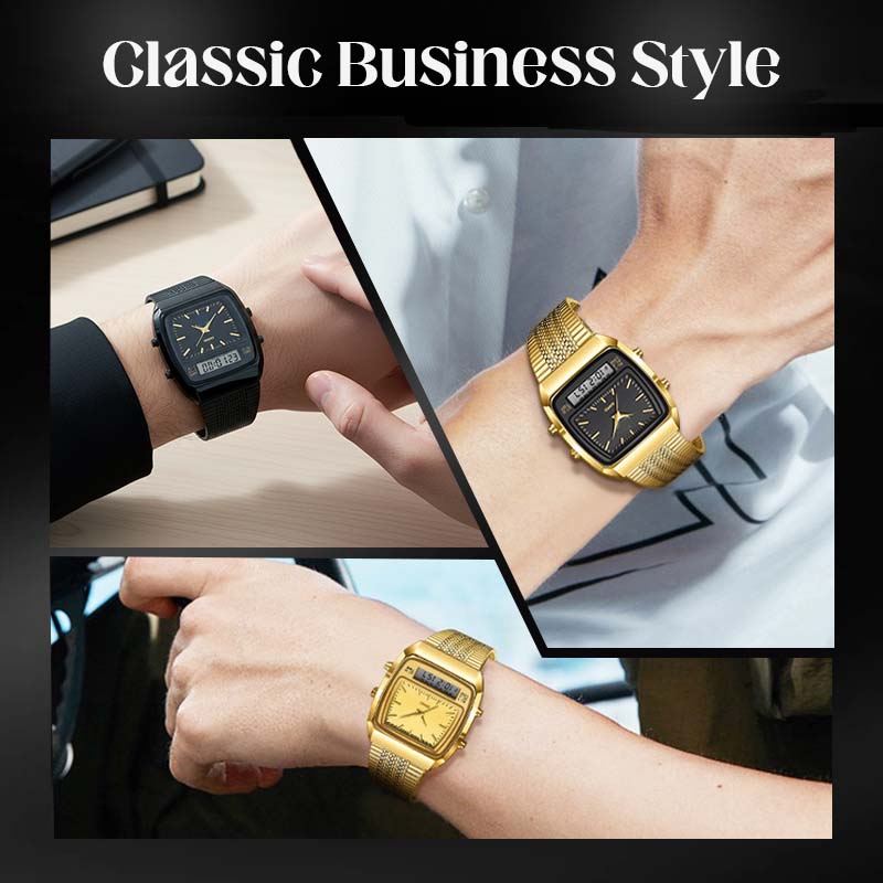 ⌚ Retro Style Square Face Multifunction Watch – Dual Display, Zinc Alloy, Stainless Steel ✨