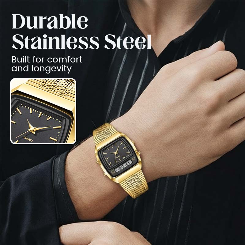 ⌚ Retro Style Square Face Multifunction Watch – Dual Display, Zinc Alloy, Stainless Steel ✨