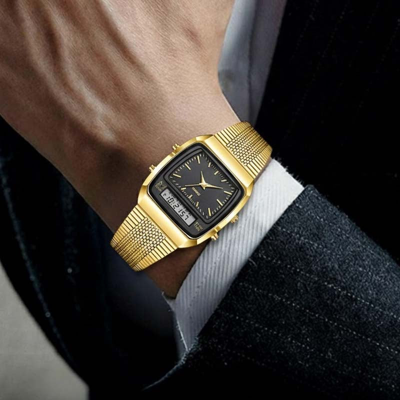 ⌚ Retro Style Square Face Multifunction Watch – Dual Display, Zinc Alloy, Stainless Steel ✨