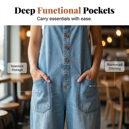 Loose-fitting denim dungarees for women with pockets