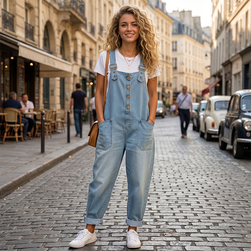 Loose-fitting denim dungarees for women with pockets