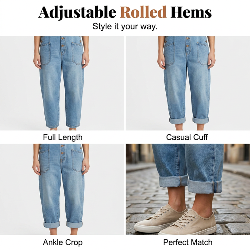 Loose-fitting denim dungarees for women with pockets