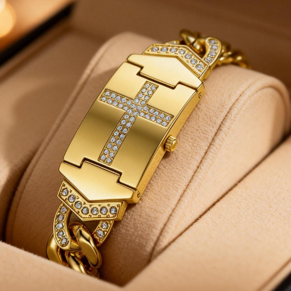 Vintage diamond-set ladies’ quartz watch/bracelet watch—featuring a cross-shaped clasp