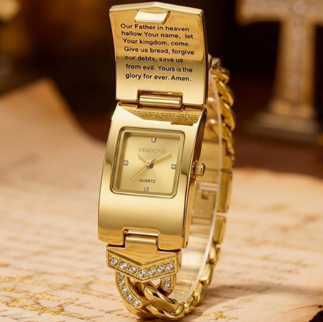 Vintage diamond-set ladies’ quartz watch/bracelet watch—featuring a cross-shaped clasp