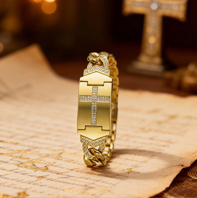 Vintage diamond-set ladies’ quartz watch/bracelet watch—featuring a cross-shaped clasp