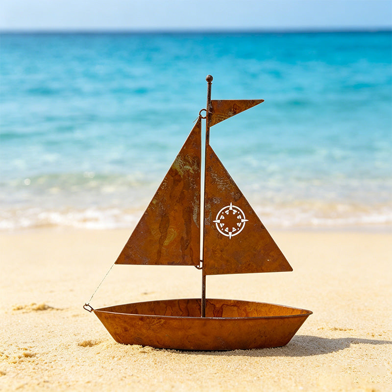 ⛵🌱 Rustic Sailboat Metal Planter – Handcrafted, weather-resistant & perfect for succulents, herbs or flowers – charming garden or shelf decor 🏡