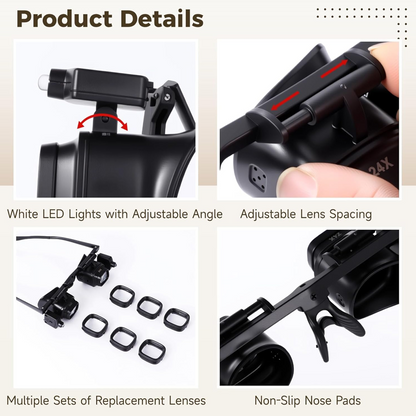 🔬✨ Precision LED Magnifier Glasses – Interchangeable Lenses, Dual LED, Hands-Free 💡