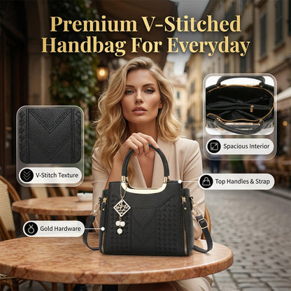 👜 Women's V-Stitched Satchel – Gold Hardware, Multi-Compartment, Top-Handle 🌸