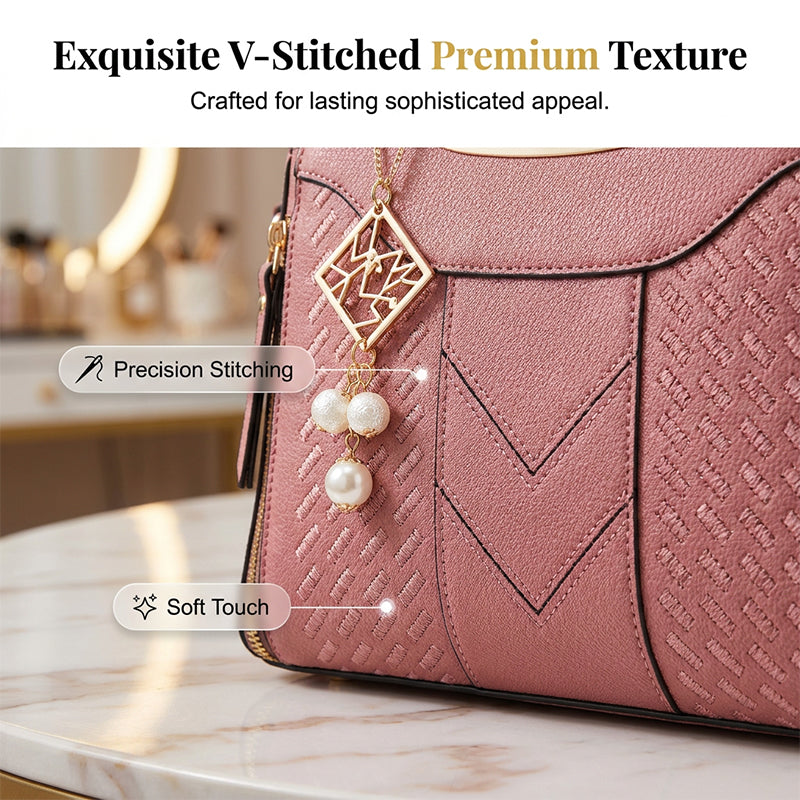 👜 Women's V-Stitched Satchel – Gold Hardware, Multi-Compartment, Top-Handle 🌸