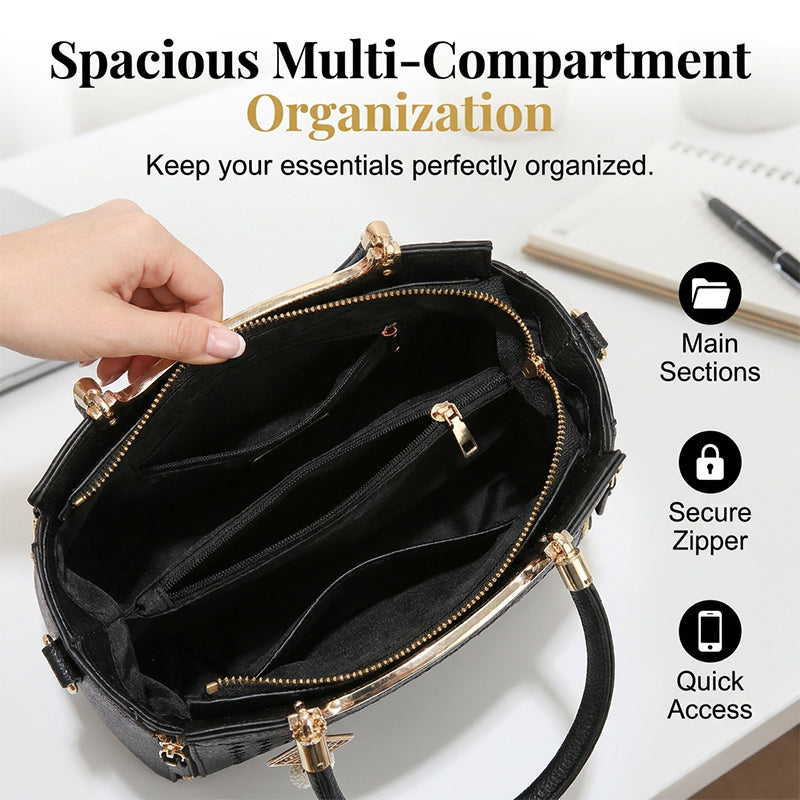👜 Women's V-Stitched Satchel – Gold Hardware, Multi-Compartment, Top-Handle 🌸
