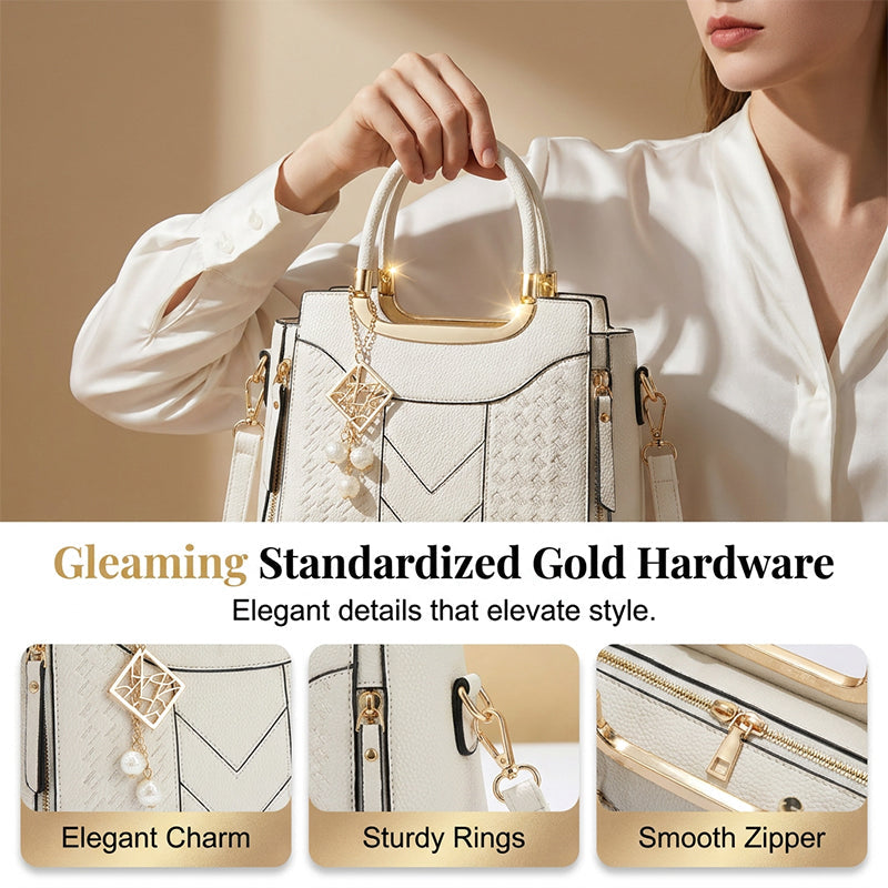 👜 Women's V-Stitched Satchel – Gold Hardware, Multi-Compartment, Top-Handle 🌸