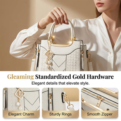 👜 Women's V-Stitched Satchel – Gold Hardware, Multi-Compartment, Top-Handle 🌸