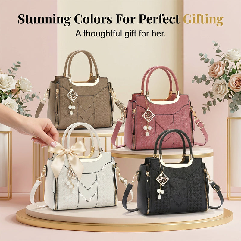 👜 Women's V-Stitched Satchel – Gold Hardware, Multi-Compartment, Top-Handle 🌸