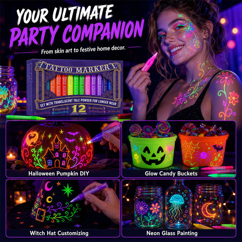 🔥 UV Glow Party & DIY Art Pens – Washable Fluorescent Skin Art Pen✨