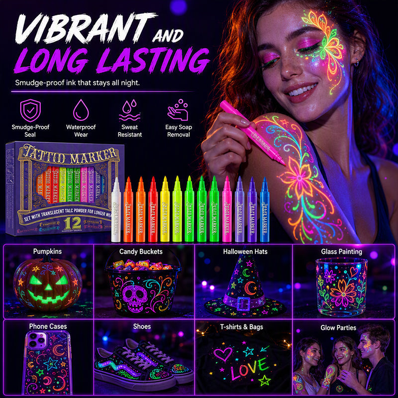 🔥 UV Glow Party & DIY Art Pens – Washable Fluorescent Skin Art Pen✨