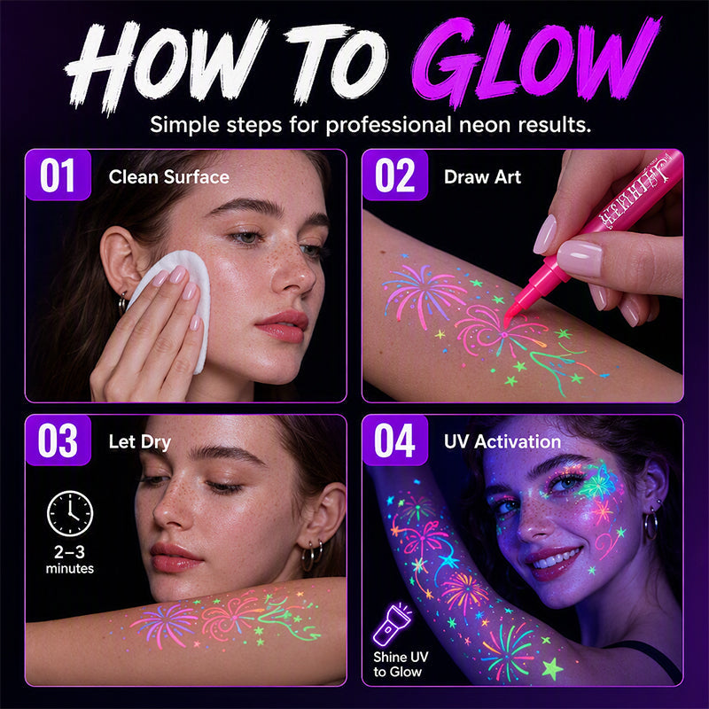 🔥 UV Glow Party & DIY Art Pens – Washable Fluorescent Skin Art Pen✨