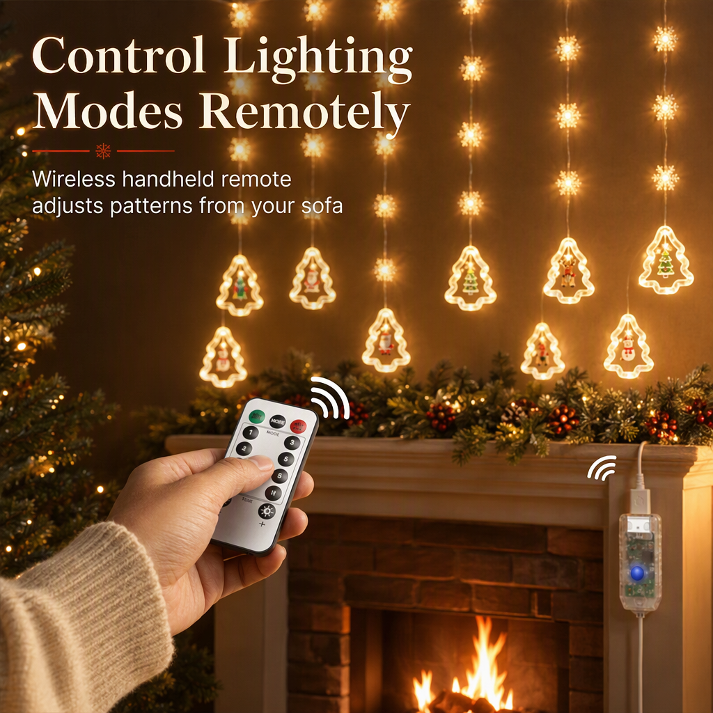 🎄Christmas Curtain Lights – Remote Control & 8 Lighting Modes for Cozy Holiday Windows ✨🎁